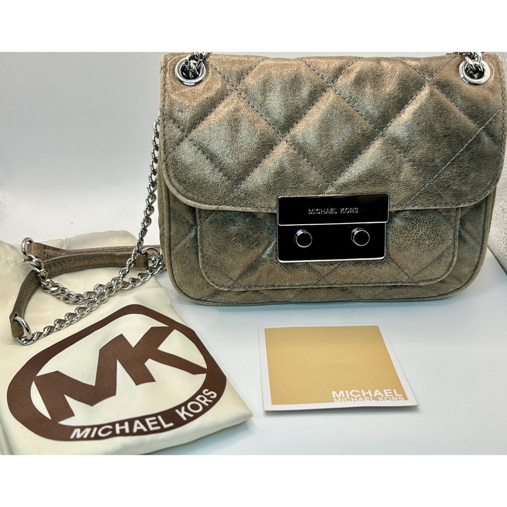 Michael Kors Quilted Metallic Distressed Leather Shoulder Bag Bronze Silver
